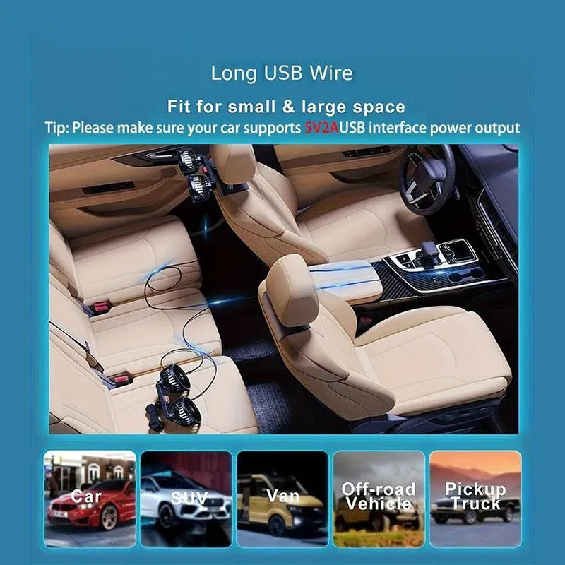 GIVBRO Adjustable Car Backseat Fan, 1 Count Summer Essential Double-head Electric Fan with Seat Clip, Strong Wind Rear Seat Back 360 Degrees Rotation Large Air Volume Fan, Men Gifts