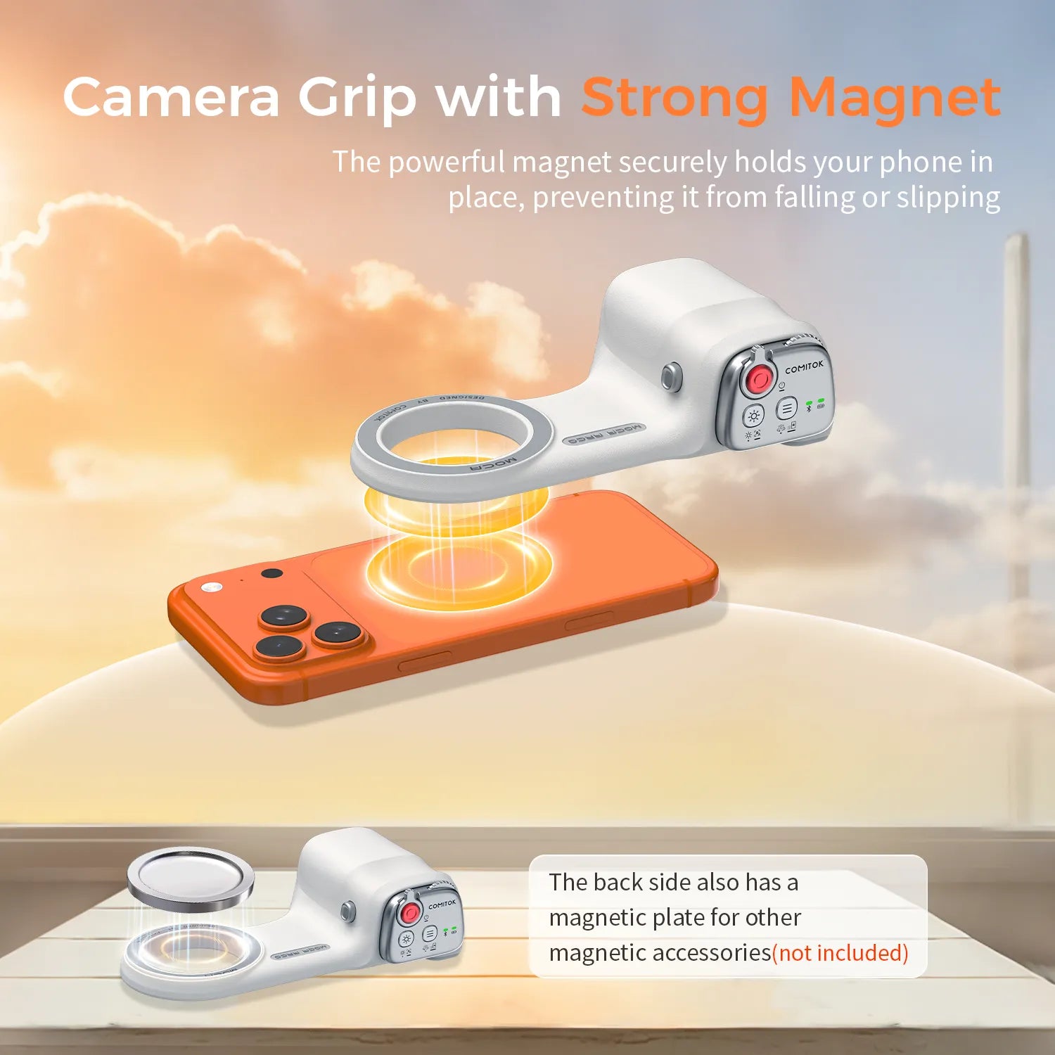 Magnetic Handheld Grip Phone Stand Camera Assistant with LED Fill Light, Magnetic Ring and Phone Case, Compatible with iOS 26/iOS 18/iOS 17, Ergonomic Grip, One-Tap Camera, Rechargeable Remote, Ideal for Photography Enthusiasts