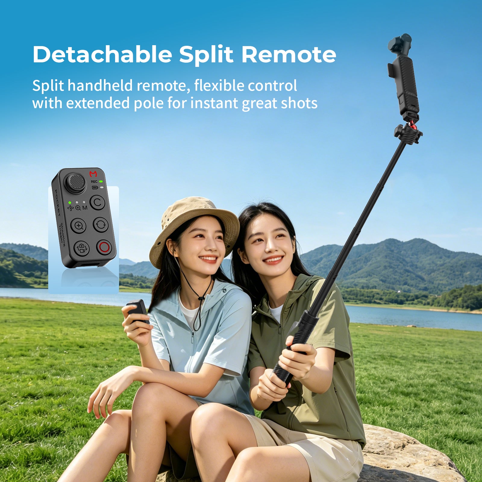 G-OUSSVE  Remote-Control Selfie Stick & Tripod for Pocket and Action Cameras, 66cm Extension Pole with Detachable Remote
