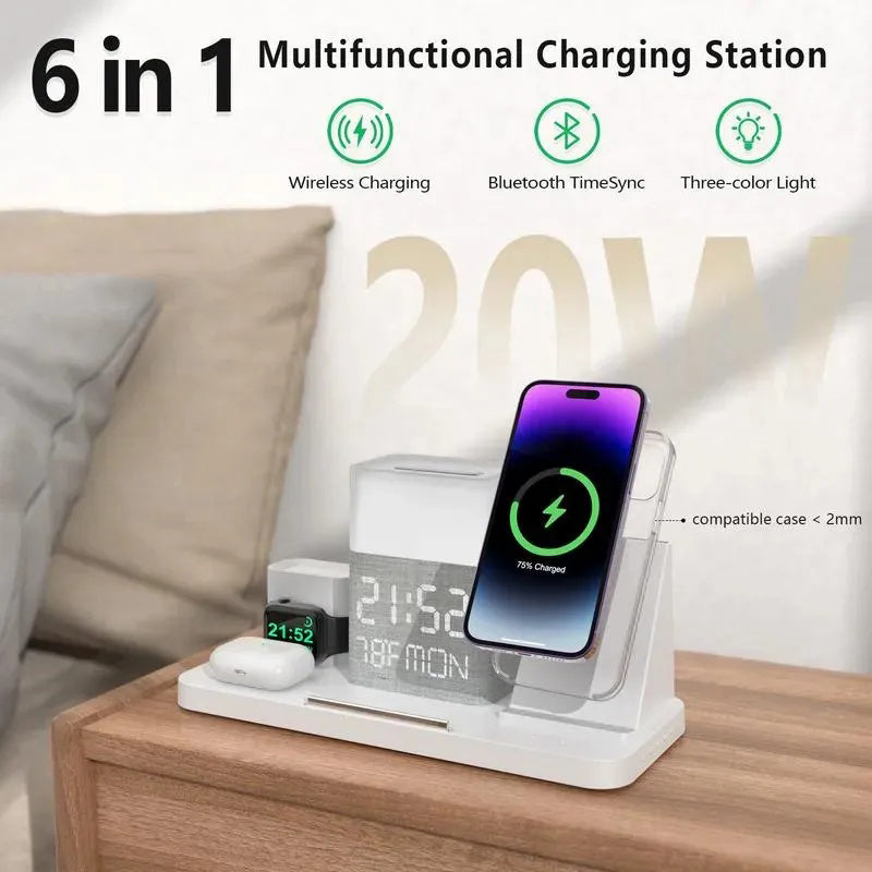 Wireless Charger iPhone 6 in 1 Charging Station, Charger Stand with Alarm Clock for 15/14/13/12/11 Series & AirPods & Apple Watch