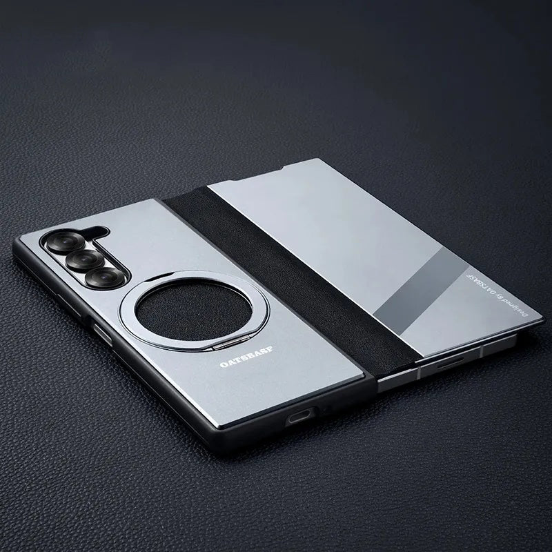 Genuine leather metal flip phone case for Samsung Z Fold6/Fold5. Full coverage with magnetic closure and built-in stand. Premium, ultra-slim design for foldable phones – stylish and protective.