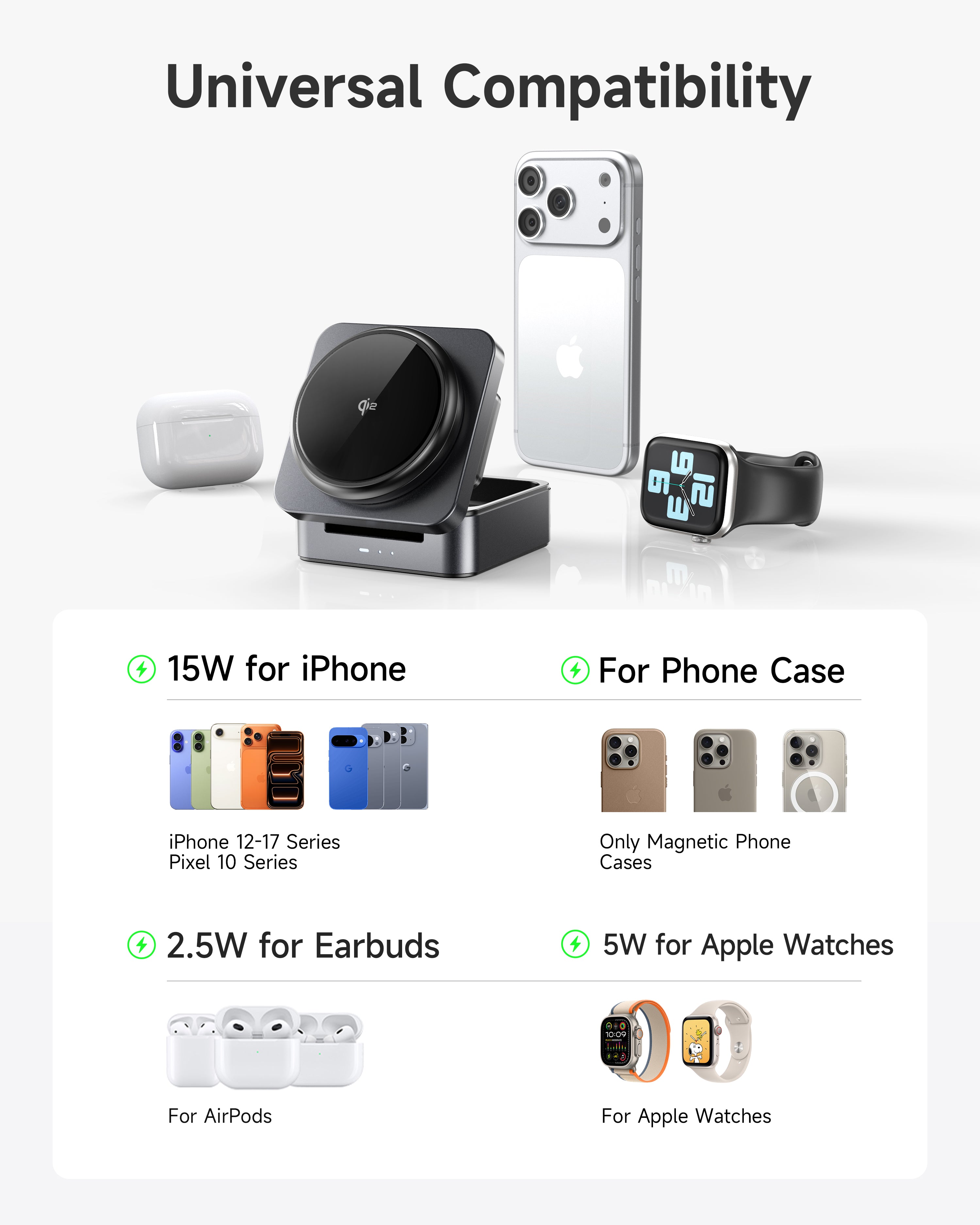 G-OUSSVE 3-in-1 Foldable Magnetic Wireless Charging Station Qi2 Certified 15W Travel Charger Stand Dock for iPhone 17/16/15/14/13/12 Series Apple Watch AirPods