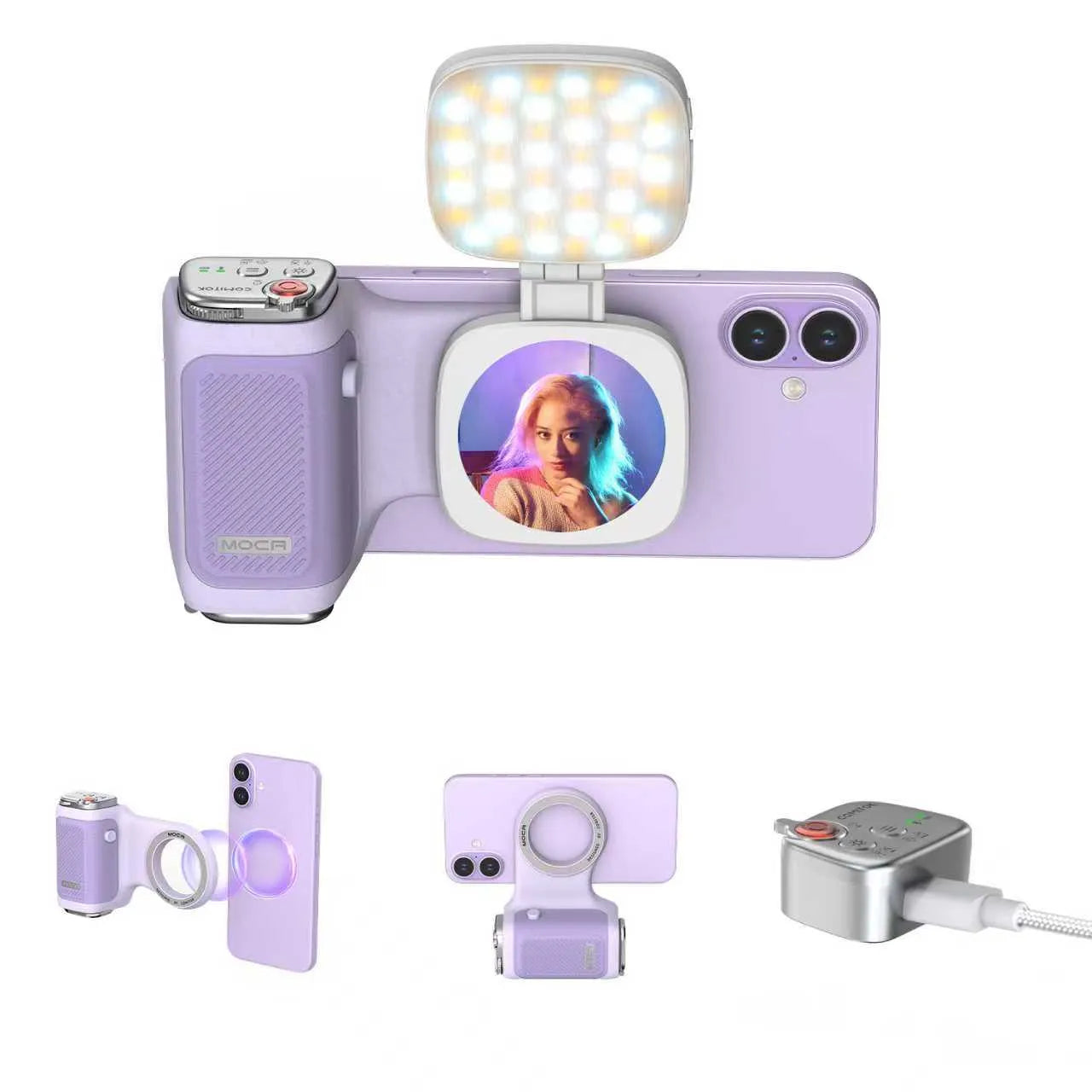 Magnetic Handheld Grip Phone Stand Camera Assistant with LED Fill Light 2-in-1, Compatible with iOS 26/iOS 18, Ergonomic Grip, One-Tap Camera, Rechargeable Remote, Ideal for Thanksgiving & Christmas Gift for Photography Enthusiasts