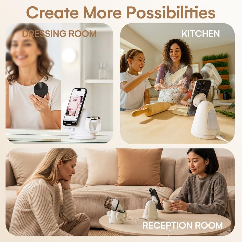 4-in-1 Wireless Charging Station for Apple, 15W Qi2 Mag-safe Charger with Dimmable Light & 360° Rotating Phone Stand, Fast Charger for iPhone 16–12, AirPods, Apple Watch & Samsung Watch