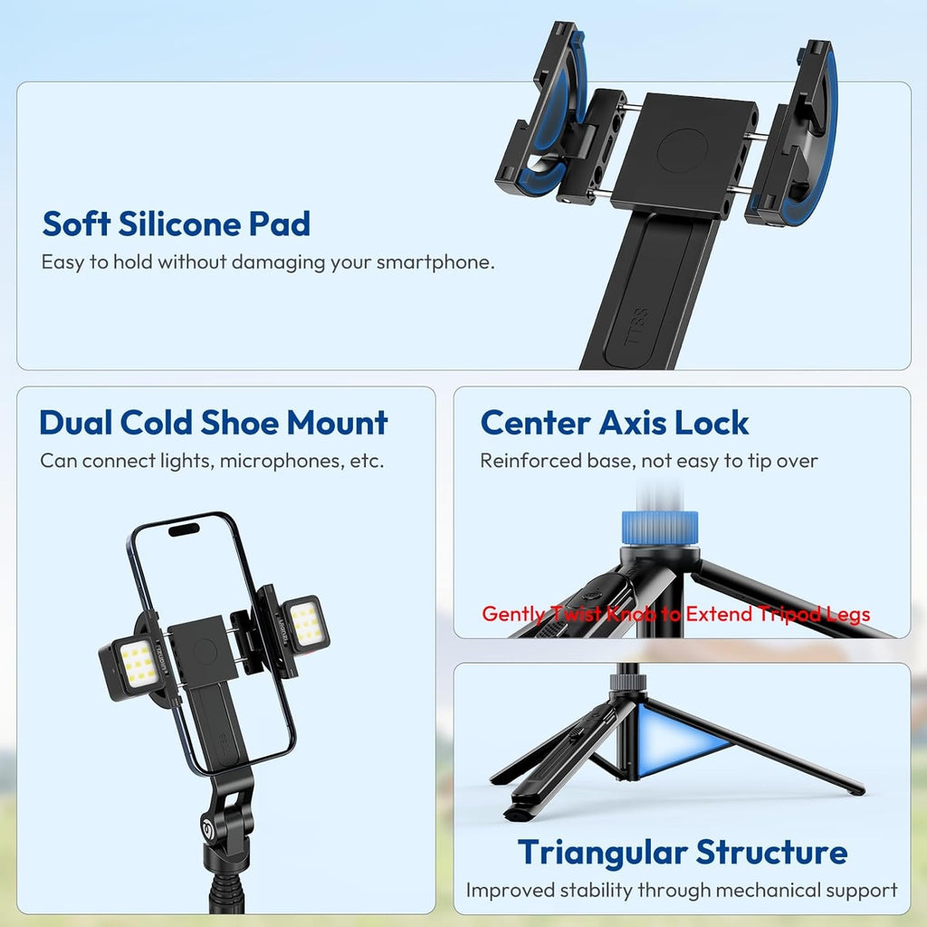 G-OUSSVE TT88 Magnetic Tripod for iPhone 17, 57" Extendable Selfie Stick w Remote, 2-in-1 Phone Clip & Dual Cold Shoe Mounts-Lightweight Phone Tripod Stand for Vlogging, Travel, Video Recording