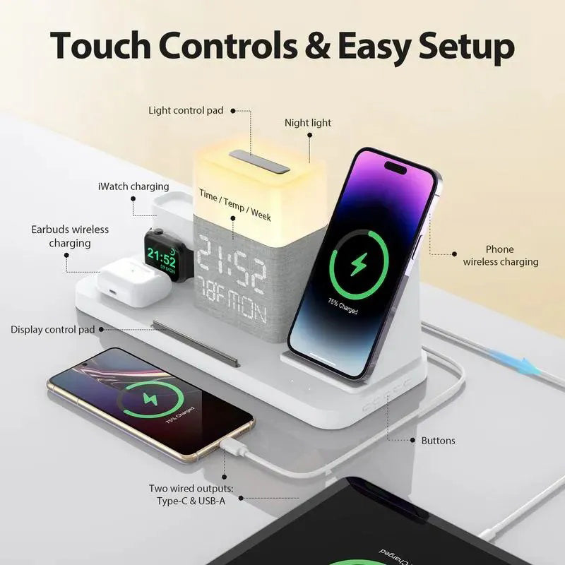 Wireless Charger iPhone 6 in 1 Charging Station, Charger Stand with Alarm Clock for 15/14/13/12/11 Series & AirPods & Apple Watch