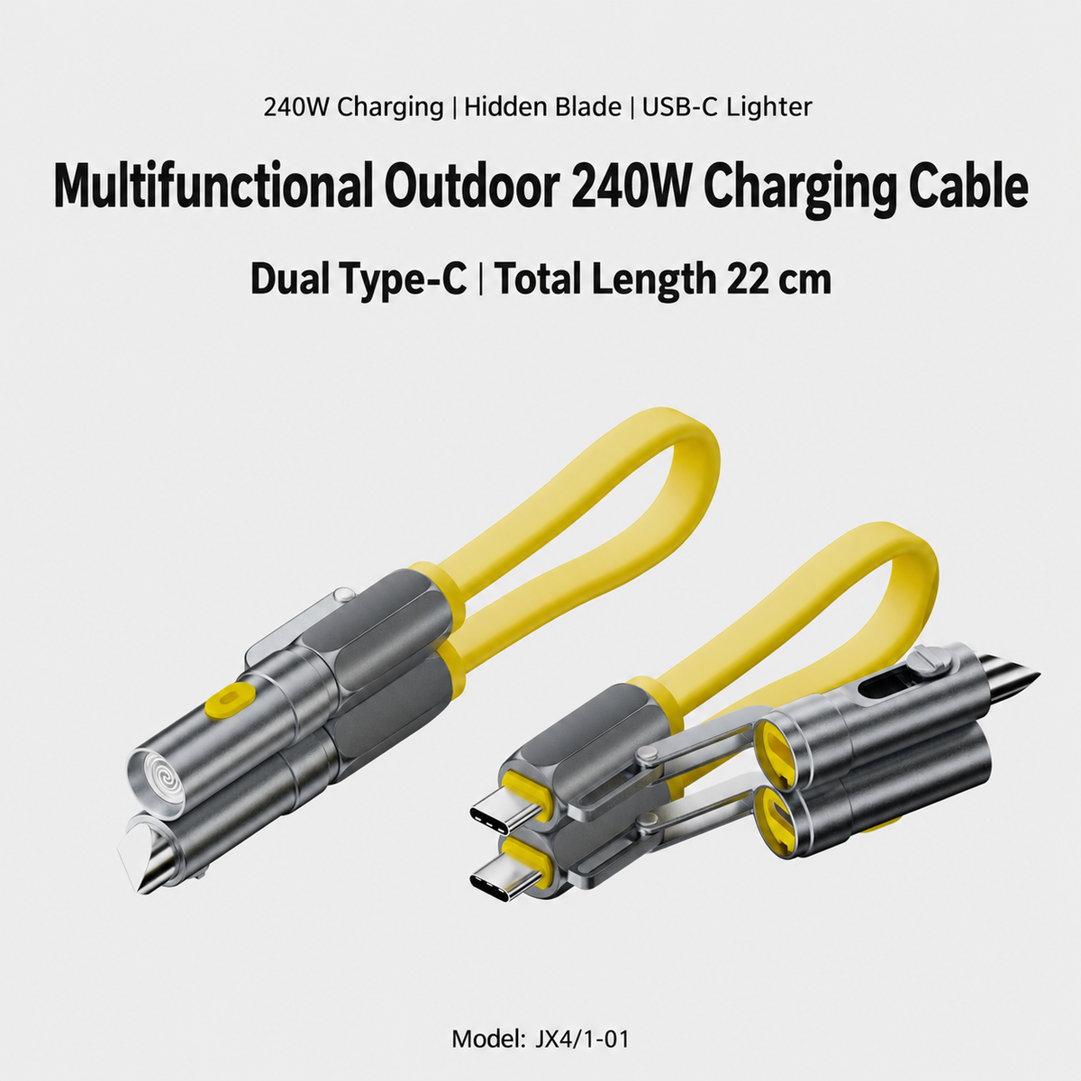 G-OUSSVE Portable Type-C fast-charging cable (240W) for outdoor camping, featuring a four-in-one magnetic lighter and file with a short cable