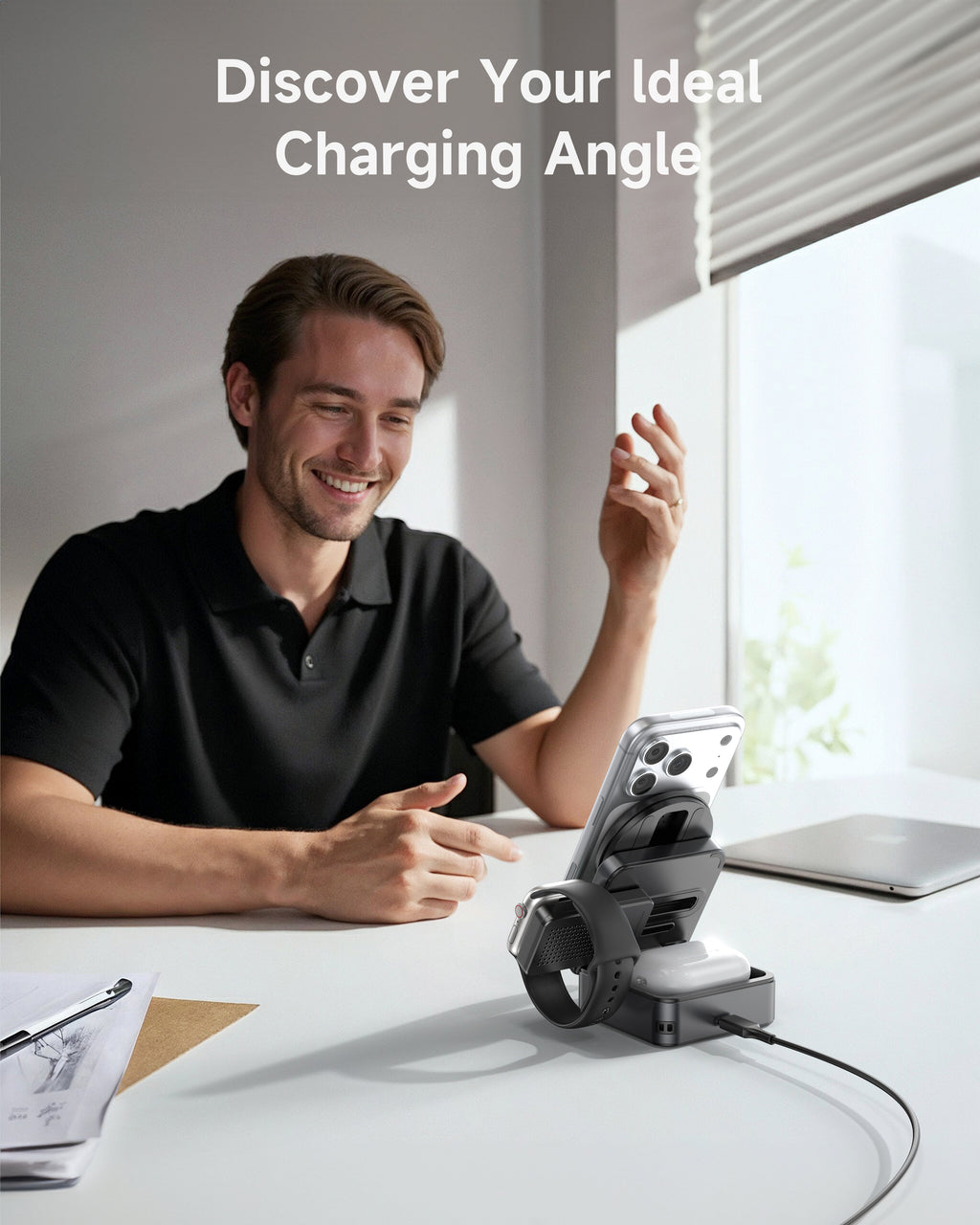 G-OUSSVE 3-in-1 Foldable Magnetic Wireless Charging Station Qi2 Certified 15W Travel Charger Stand Dock for iPhone 17/16/15/14/13/12 Series Apple Watch AirPods