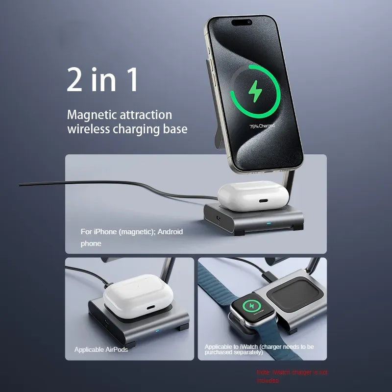 GIVBRO Magsafe Magnetic Wireless Charger Qi Folding Stand Suitable for Apple 16 iPhone 15 Pro 2-in-1 Expansion Phone Earphones Watch 3-in-1 27W Fast Charging Base Portable