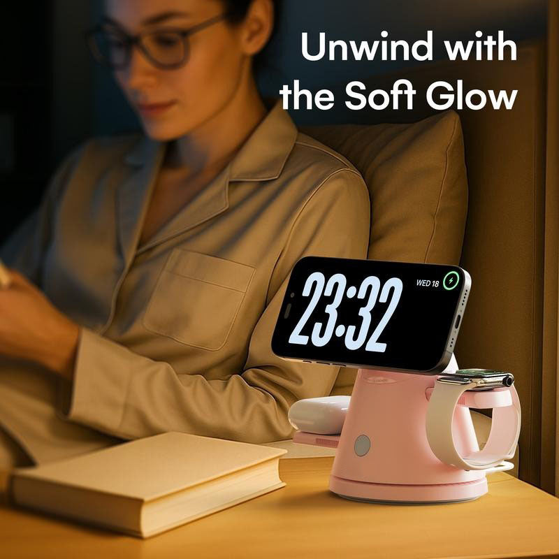 4-in-1 Wireless Charging Station for Apple, 15W Qi2 Mag-safe Charger with Dimmable Light & 360° Rotating Phone Stand, Fast Charger for iPhone 16–12, AirPods, Apple Watch & Samsung Watch