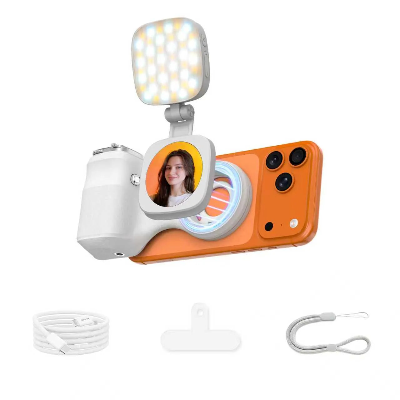 Magnetic Handheld Grip Phone Stand Camera Assistant with LED Fill Light, Magnetic Ring and Phone Case, Compatible with iOS 26/iOS 18/iOS 17, Ergonomic Grip, One-Tap Camera, Rechargeable Remote, Ideal for Photography Enthusiasts