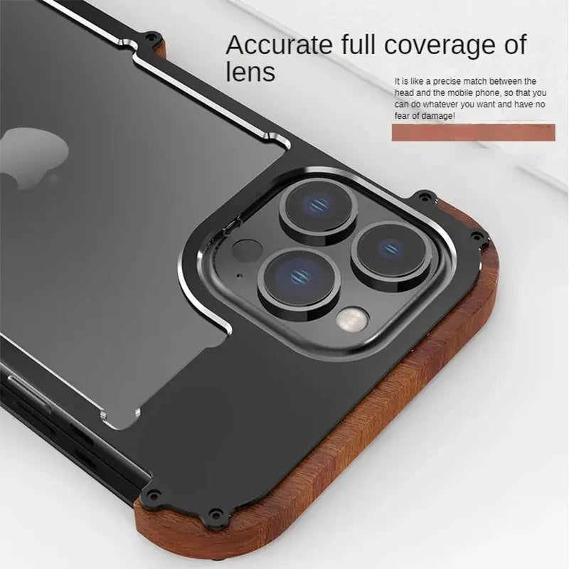 Protective Case with Metal Frame for Iphone14 Mobile Phone Case, Apple 15pro13promax Solid Wood Case, Plus Lens All-inclusive, Anti-fall and Heat Dissipation, 11 Advanced Sense Lens All-inclusive