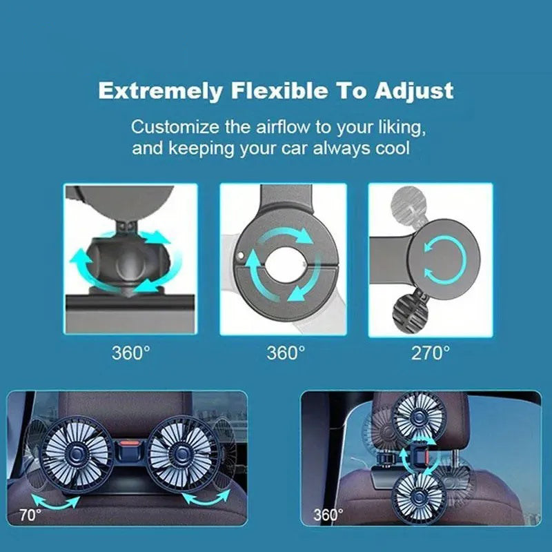 GIVBRO Adjustable Car Backseat Fan, 1 Count Summer Essential Double-head Electric Fan with Seat Clip, Strong Wind Rear Seat Back 360 Degrees Rotation Large Air Volume Fan, Men Gifts
