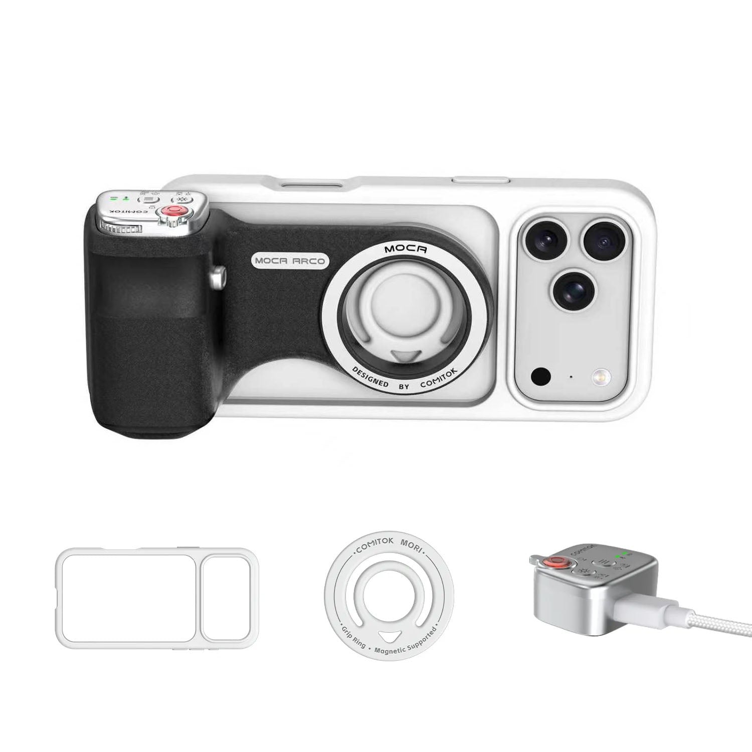 G-OUSSVE Magnetic Handheld Grip Phone Stand Camera Assistant with LED Fill Light, Magnetic Ring and Phone Case, Compatible with iOS 26/iOS 18/iOS 17, Ergonomic Grip, One-Tap Camera, Rechargeable Remote, Ideal for Photography Enthusiasts