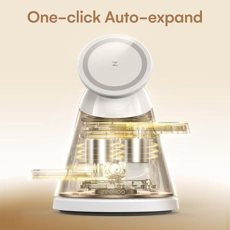 4-in-1 Wireless Charging Station for Apple, 15W Qi2 Mag-safe Charger with Dimmable Light & 360° Rotating Phone Stand, Fast Charger for iPhone 16–12, AirPods, Apple Watch & Samsung Watch