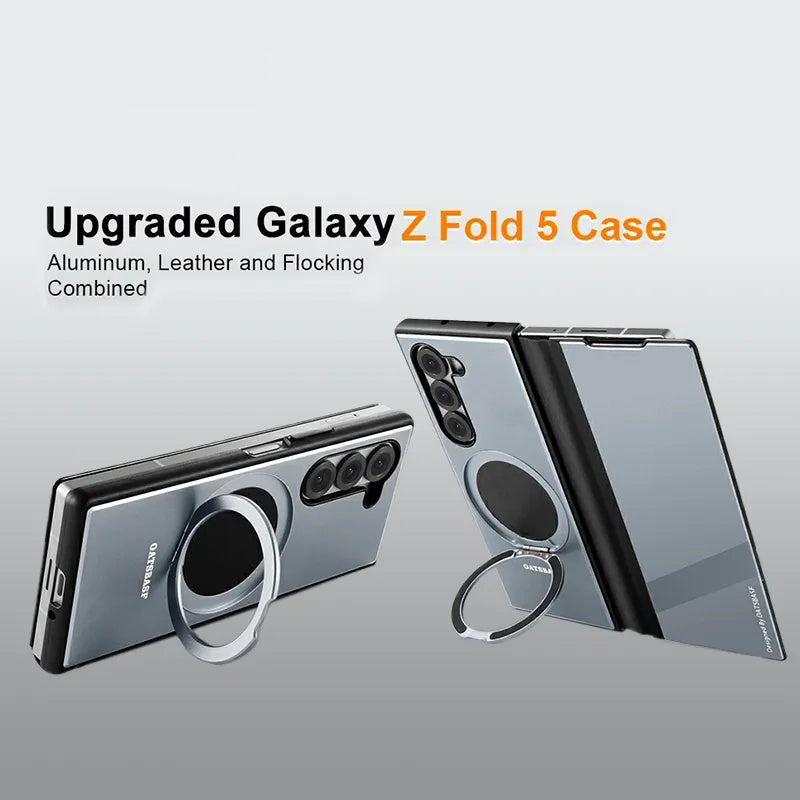 Genuine leather metal flip phone case for Samsung Z Fold6/Fold5. Full coverage with magnetic closure and built-in stand. Premium, ultra-slim design for foldable phones – stylish and protective.