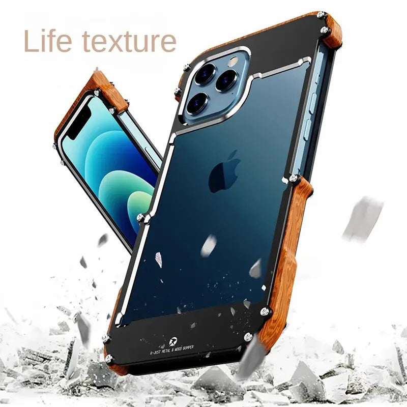 Protective Case with Metal Frame for Iphone14 Mobile Phone Case, Apple 15pro13promax Solid Wood Case, Plus Lens All-inclusive, Anti-fall and Heat Dissipation, 11 Advanced Sense Lens All-inclusive