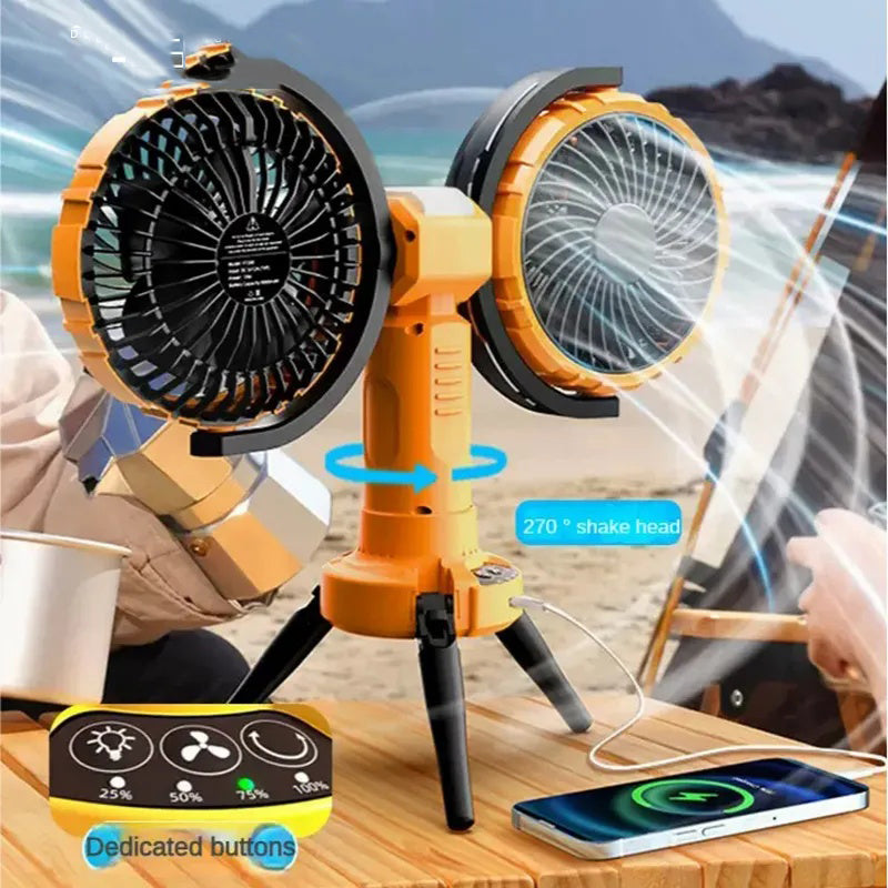 360-Degree Rotating Dual-Head Fan with Oscillation, Compact and Quiet, Ideal for Office Desks, Long Battery Life, Strong Airflow, Portable for Outdoor Use, Desktop Workstations, Multi-Angle Charging, Hanging Fan for Home Use