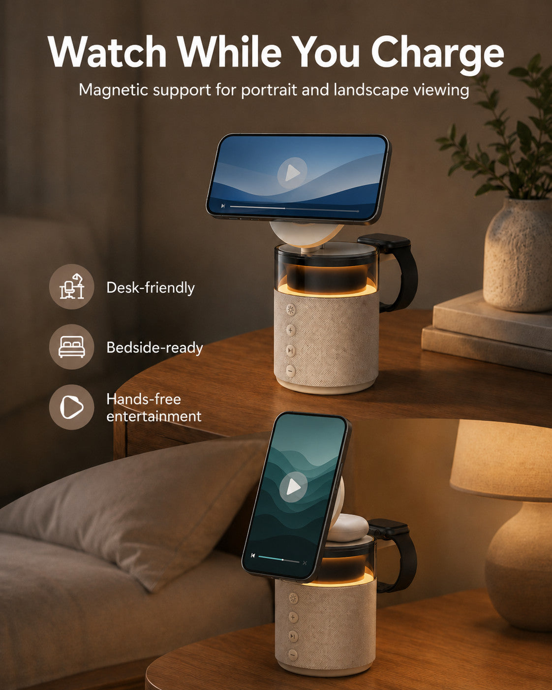 G-OUSSVE 3-in-1 Magnetic Wireless Charging Speaker, Bluetooth Speaker, 15W iPhone Charger, Warm Night Light & Device Stand
