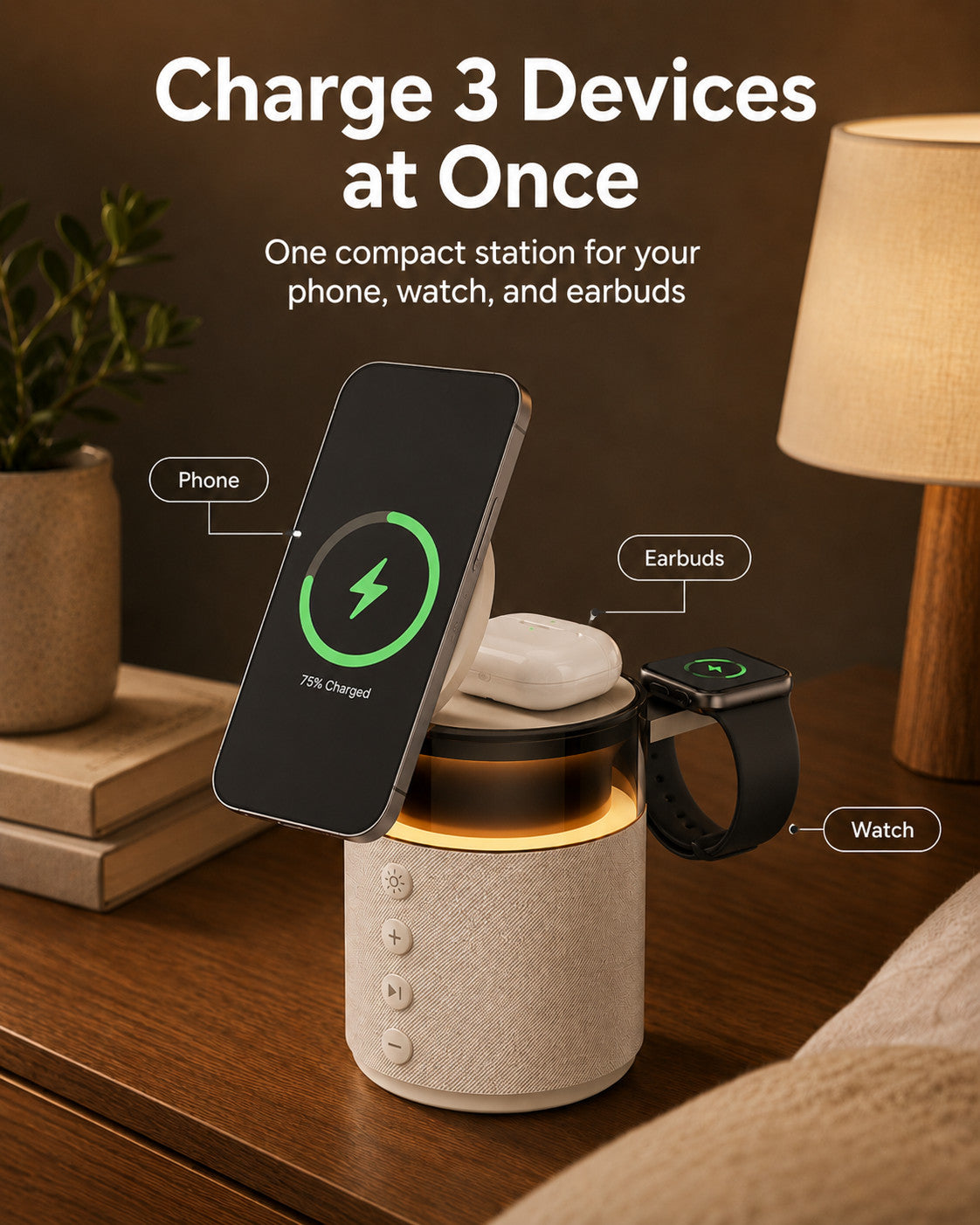 G-OUSSVE 3-in-1 Magnetic Wireless Charging Speaker, Bluetooth Speaker, 15W iPhone Charger, Warm Night Light & Device Stand