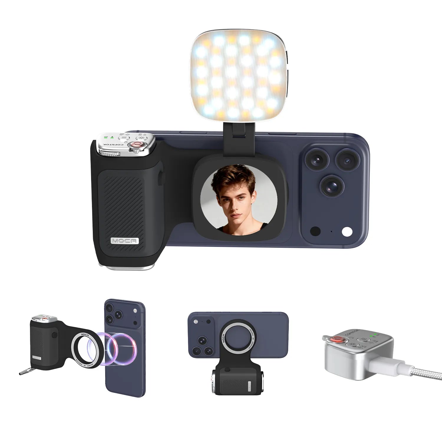 Magnetic Handheld Grip Phone Stand Camera Assistant with LED Fill Light 2-in-1, Compatible with iOS 26/iOS 18, Ergonomic Grip, One-Tap Camera, Rechargeable Remote, Ideal for Thanksgiving & Christmas Gift for Photography Enthusiasts