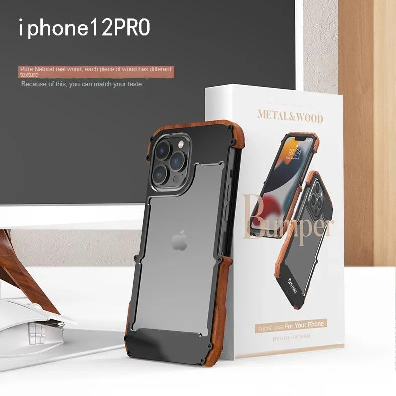 Protective Case with Metal Frame for Iphone14 Mobile Phone Case, Apple 15pro13promax Solid Wood Case, Plus Lens All-inclusive, Anti-fall and Heat Dissipation, 11 Advanced Sense Lens All-inclusive