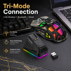 G-OUSSVE X9 Pro RGB Wireless Gaming Mouse with PAW3311 Sensor, Tri-Mode Connection, Charging Dock & Anti-Slip Grips