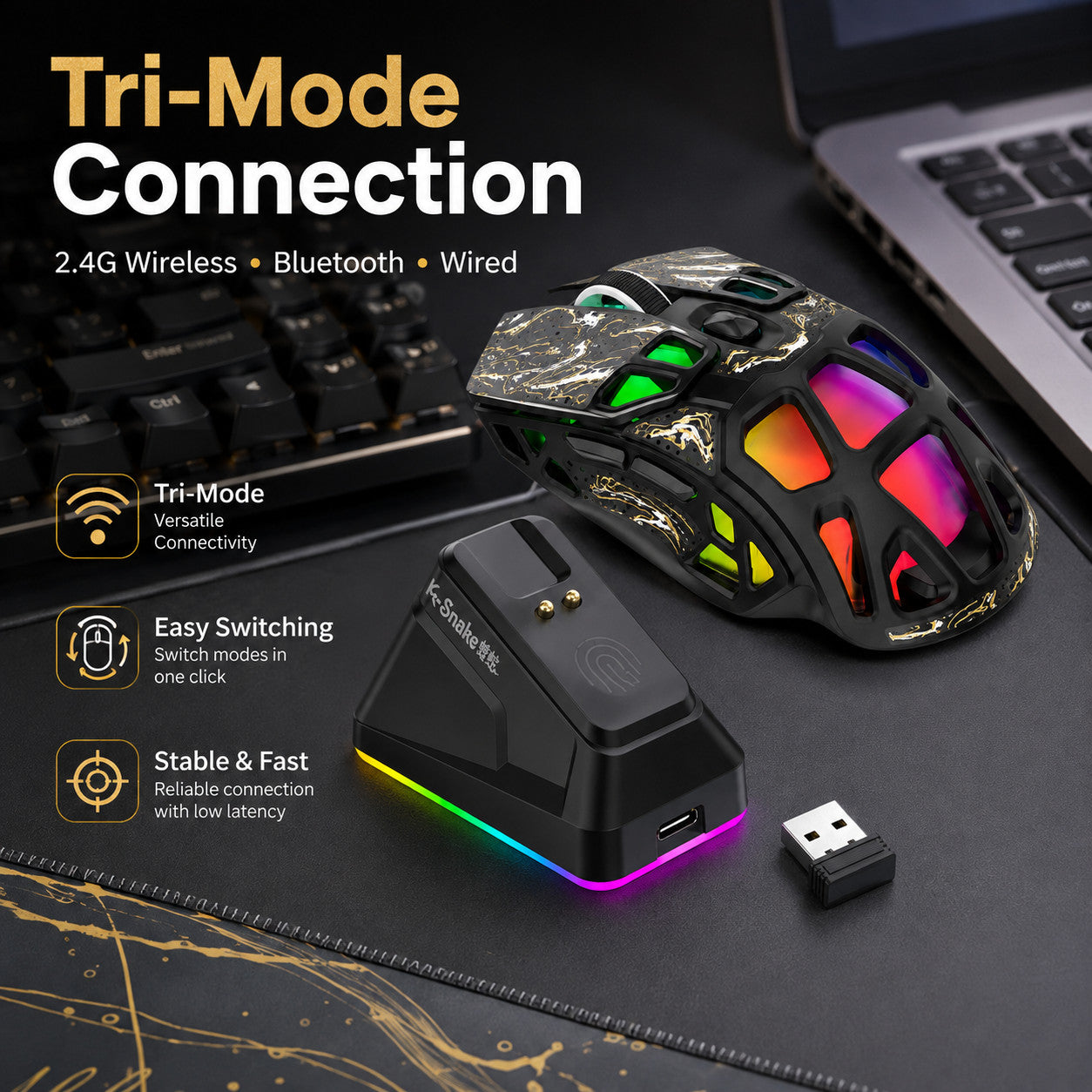 G-OUSSVE X9 Pro RGB Wireless Gaming Mouse with PAW3311 Sensor, Tri-Mode Connection, Charging Dock & Anti-Slip Grips