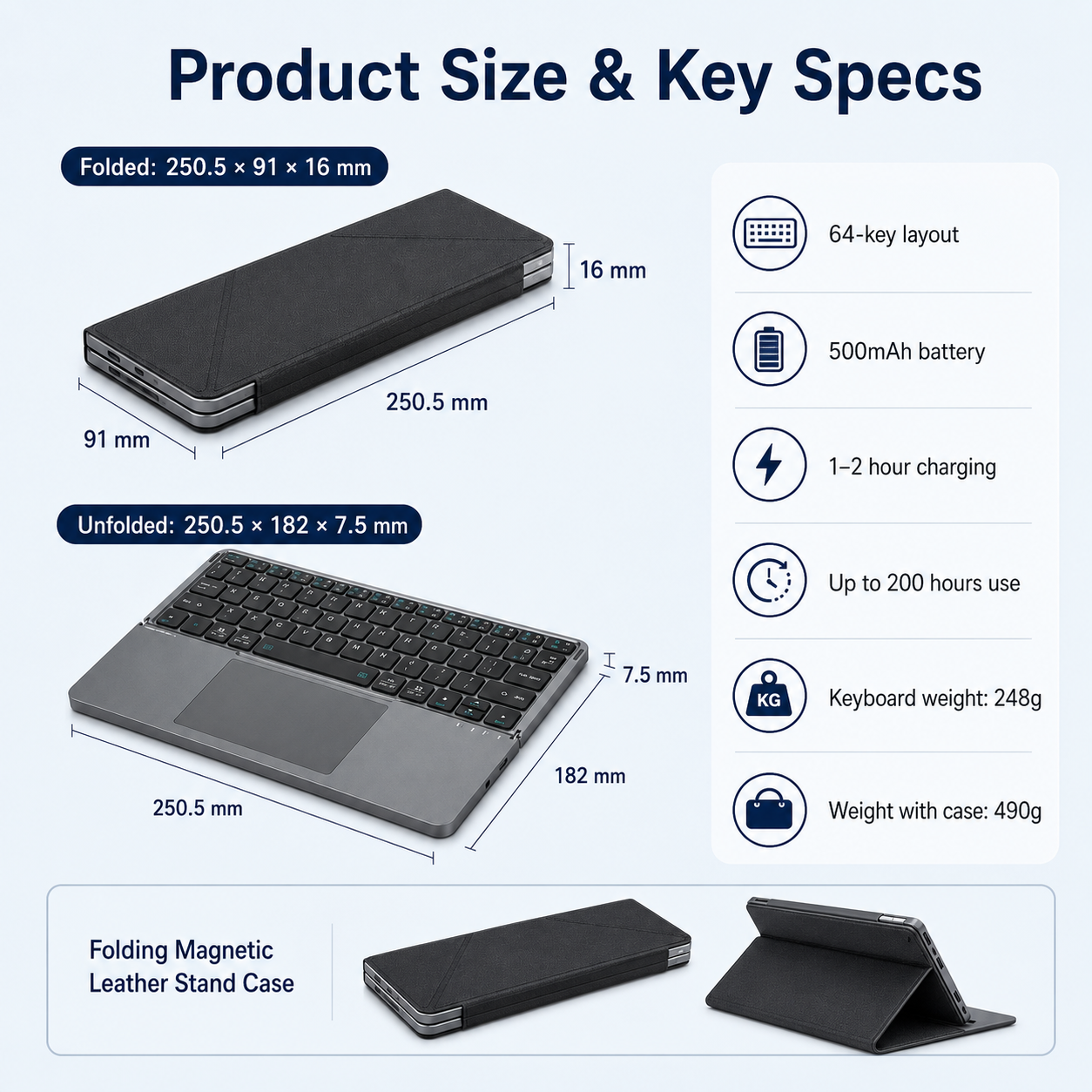 G-OUSSVE Portable Wireless BT Foldable Keyboard New Detachable Leather Stand for Tablet Phone Touch Typing Mini Keyboard with Ergonomic Design , External Keyboard, Ergonomic Keyboard Pad
