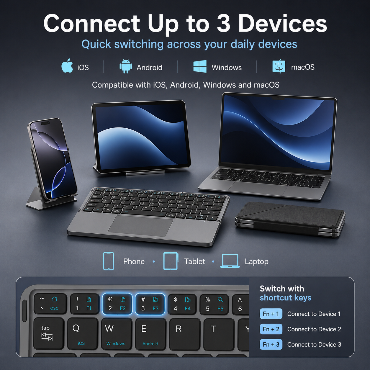 G-OUSSVE Portable Wireless BT Foldable Keyboard New Detachable Leather Stand for Tablet Phone Touch Typing Mini Keyboard with Ergonomic Design , External Keyboard, Ergonomic Keyboard Pad
