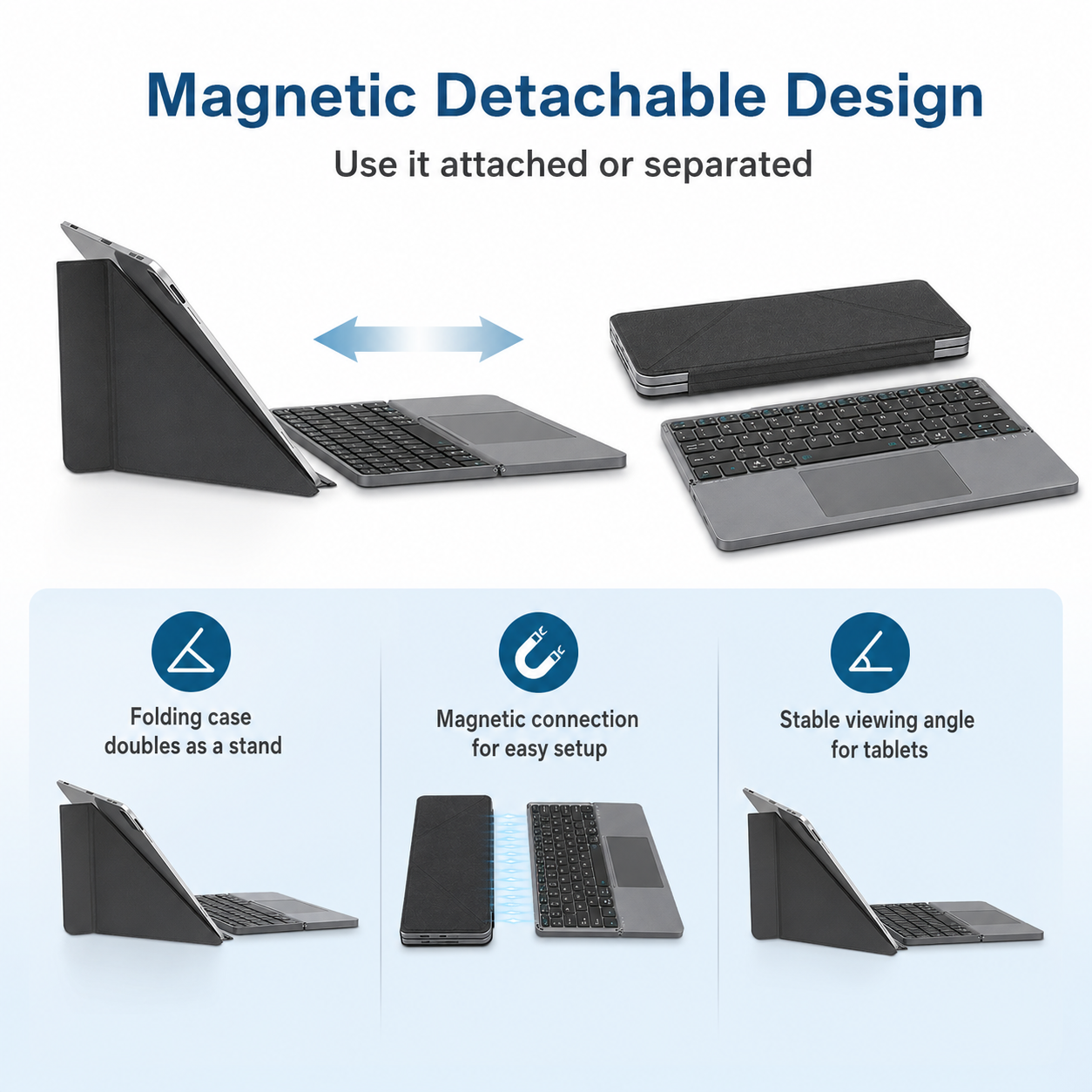 G-OUSSVE Portable Wireless BT Foldable Keyboard New Detachable Leather Stand for Tablet Phone Touch Typing Mini Keyboard with Ergonomic Design , External Keyboard, Ergonomic Keyboard Pad