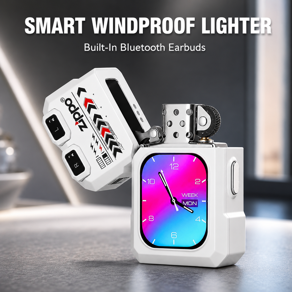 G-OUSSVE Smart Windproof Lighter with Bluetooth Earbuds & Touch Display – White