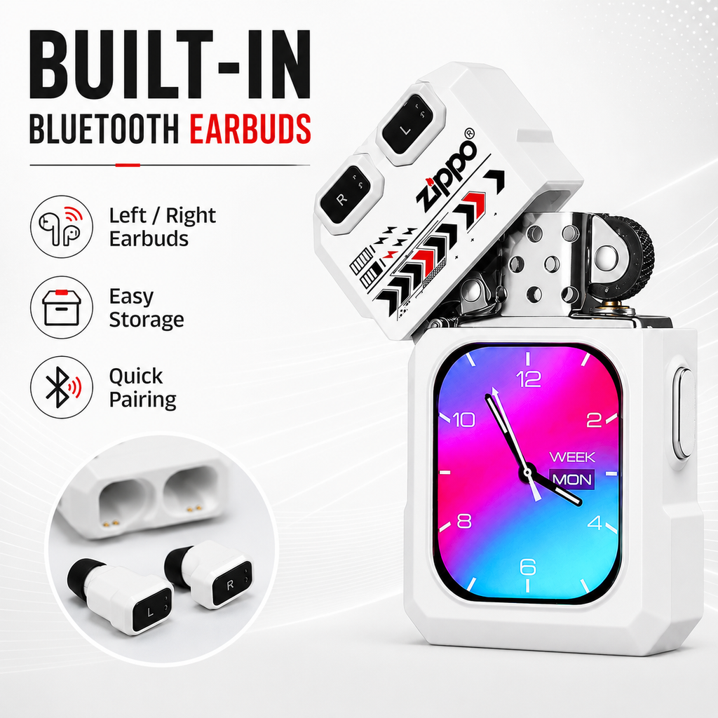 G-OUSSVE Smart Windproof Lighter with Bluetooth Earbuds & Touch Display – White