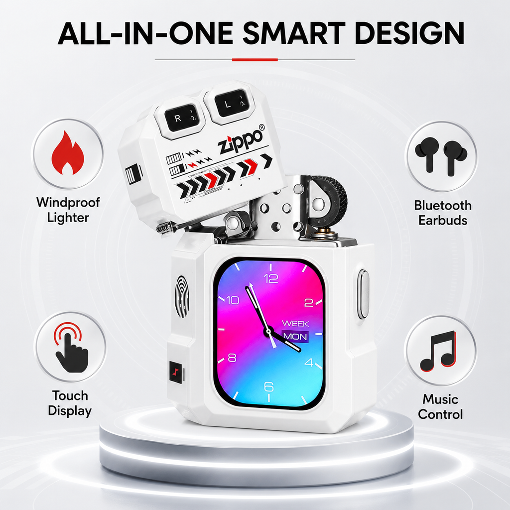 G-OUSSVE Smart Windproof Lighter with Bluetooth Earbuds & Touch Display – White