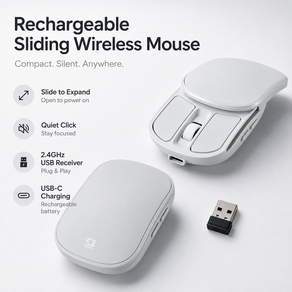 G-OUSSVE Rechargeable Sliding Wireless Mouse – Compact Portable Mouse with Silent Clicks, USB-C Charging & 2.4GHz Wireless