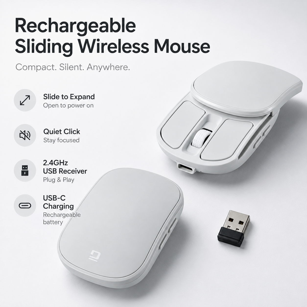 G-OUSSVE Rechargeable Sliding Wireless Mouse – Compact Portable Mouse with Silent Clicks, USB-C Charging & 2.4GHz Wireless