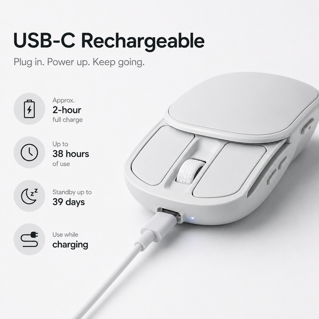 G-OUSSVE Rechargeable Sliding Wireless Mouse – Compact Portable Mouse with Silent Clicks, USB-C Charging & 2.4GHz Wireless