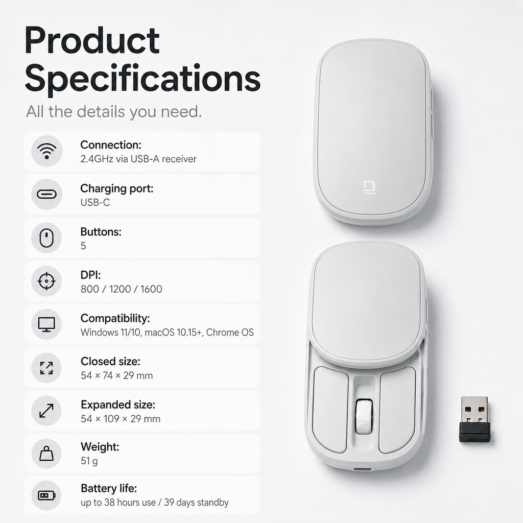 G-OUSSVE Rechargeable Sliding Wireless Mouse – Compact Portable Mouse with Silent Clicks, USB-C Charging & 2.4GHz Wireless