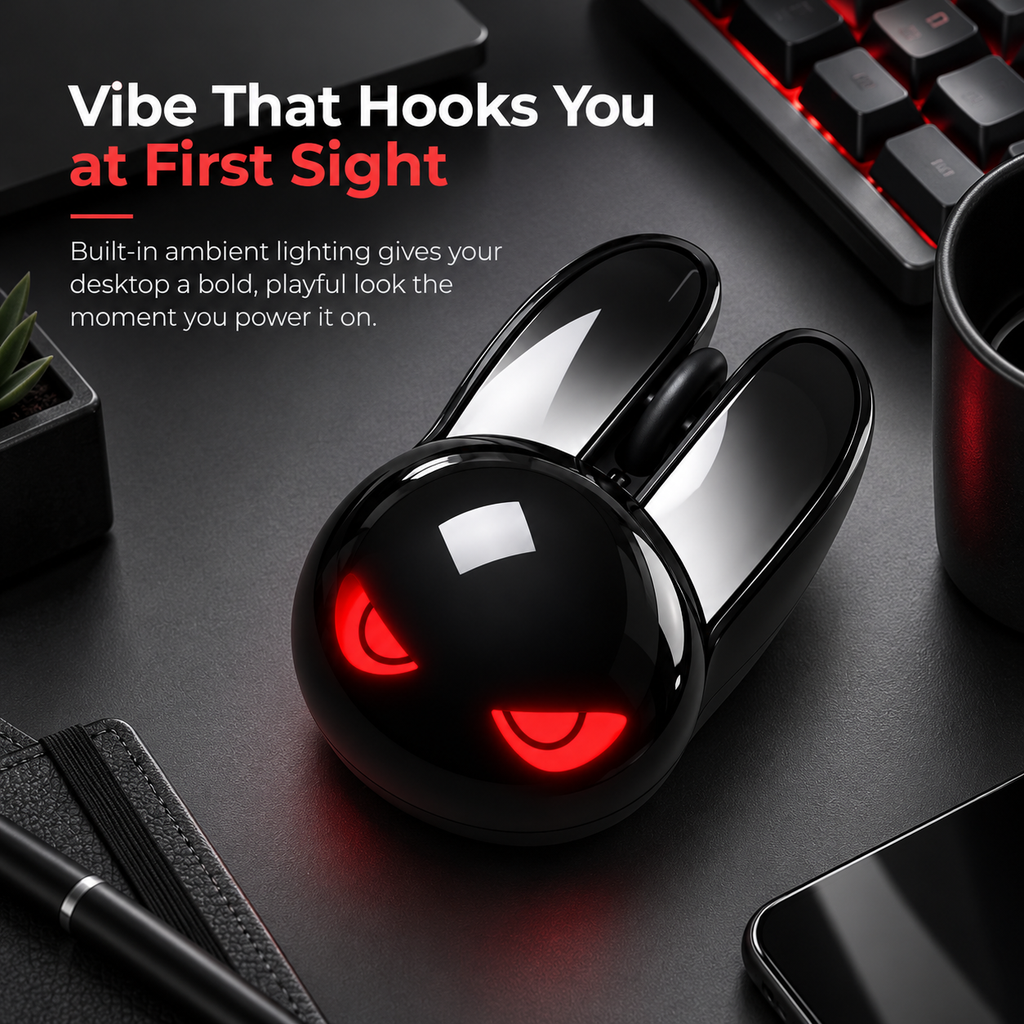 G-OUSSVE M6C Cool Black Bunny Dual-Mode Wireless Mouse, RGB Lighting Cute Rabbit Shape Office Mouse, Compatible with Desktop, Laptop & Tablet