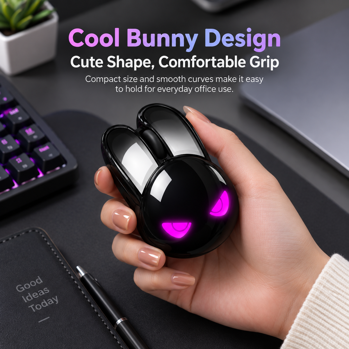 G-OUSSVE M6C Cool Black Bunny Dual-Mode Wireless Mouse, RGB Lighting Cute Rabbit Shape Office Mouse, Compatible with Desktop, Laptop & Tablet