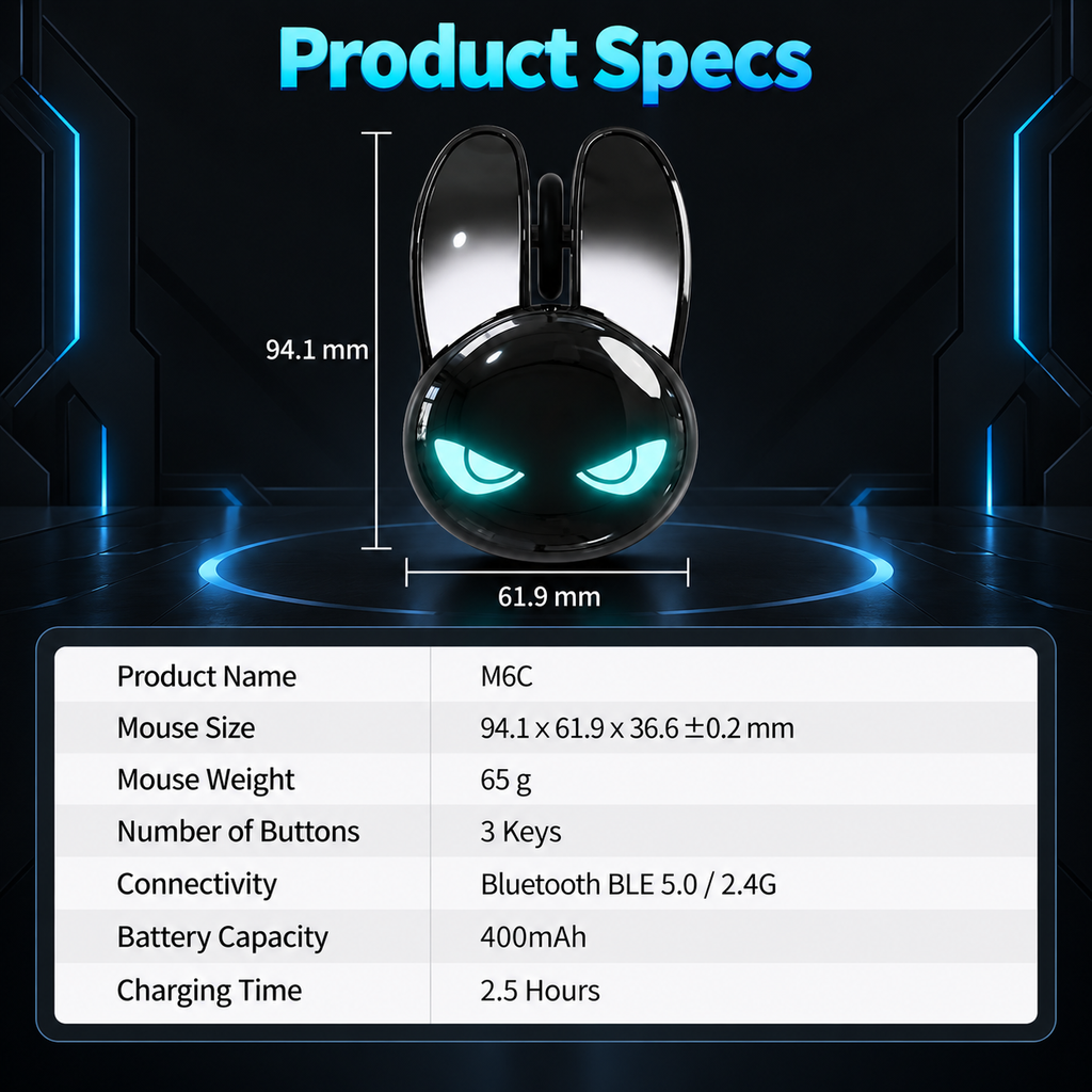 G-OUSSVE M6C Cool Black Bunny Dual-Mode Wireless Mouse, RGB Lighting Cute Rabbit Shape Office Mouse, Compatible with Desktop, Laptop & Tablet
