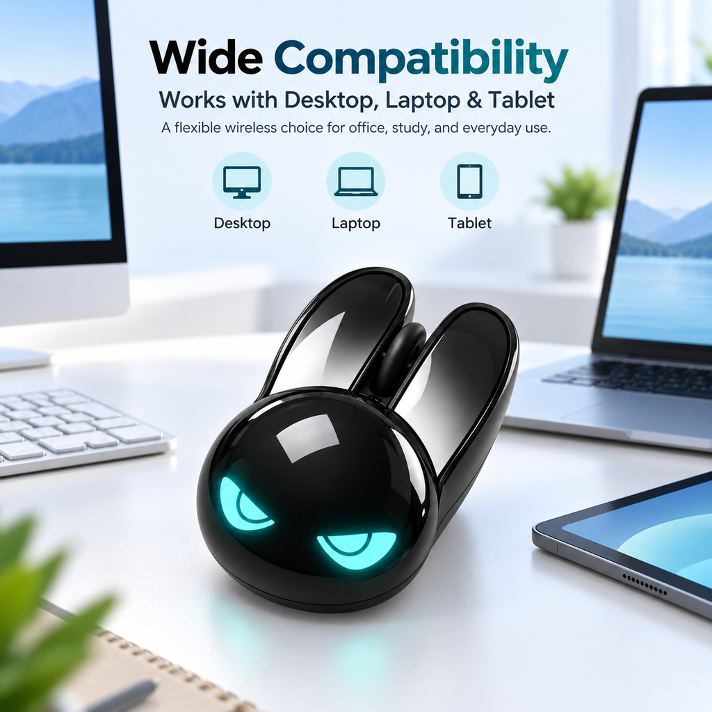 G-OUSSVE M6C Cool Black Bunny Dual-Mode Wireless Mouse, RGB Lighting Cute Rabbit Shape Office Mouse, Compatible with Desktop, Laptop & Tablet