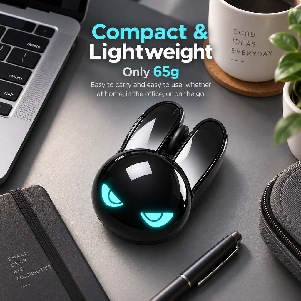 G-OUSSVE M6C Cool Black Bunny Dual-Mode Wireless Mouse, RGB Lighting Cute Rabbit Shape Office Mouse, Compatible with Desktop, Laptop & Tablet