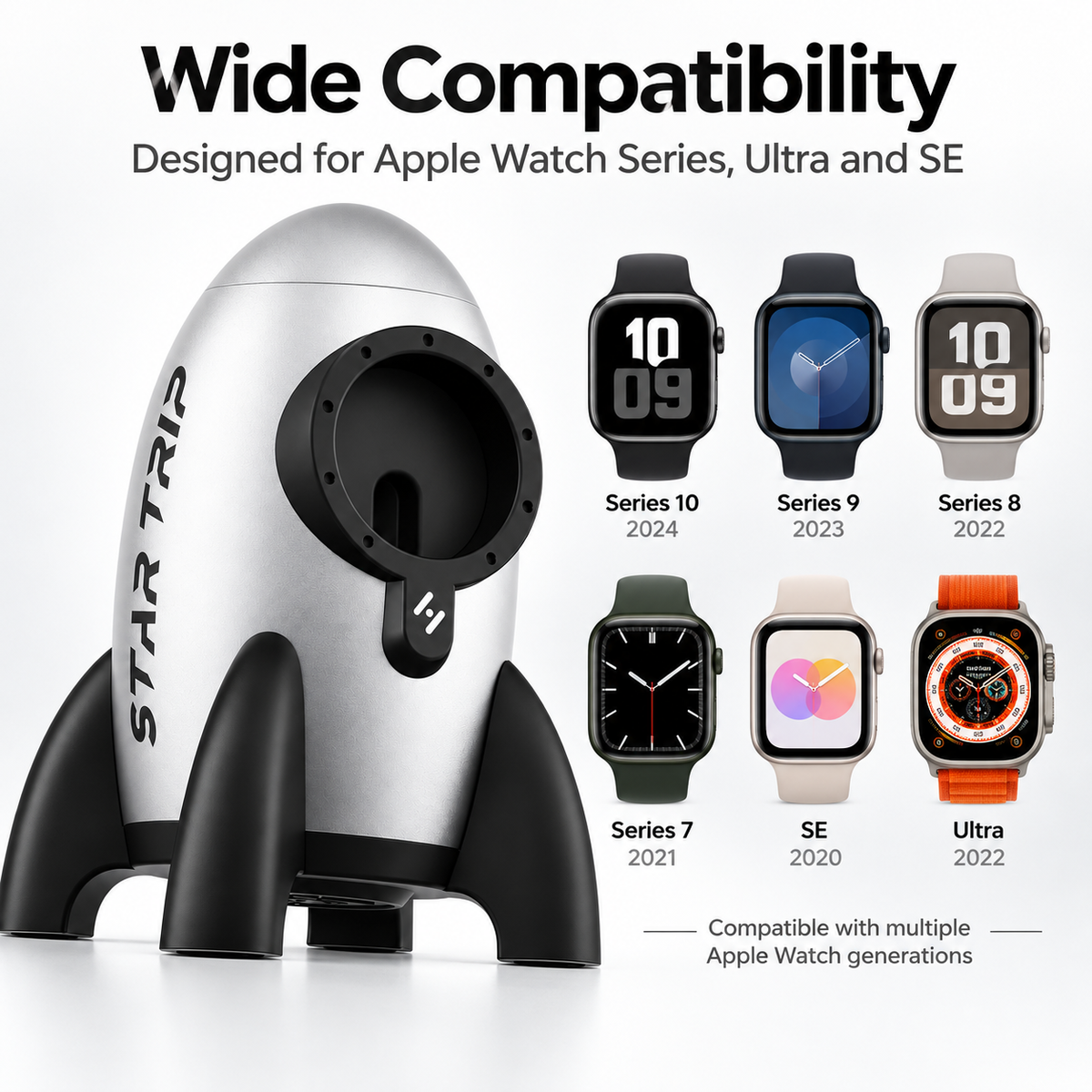 G-OUSSVE Rocket-Shaped Apple Watch Charging Stand with Cable Storage, Aluminum Alloy Desktop Dock