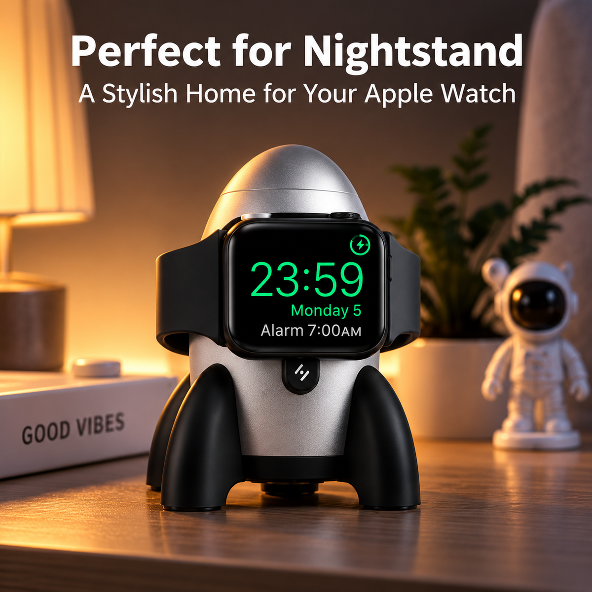 G-OUSSVE Rocket-Shaped Apple Watch Charging Stand with Cable Storage, Aluminum Alloy Desktop Dock