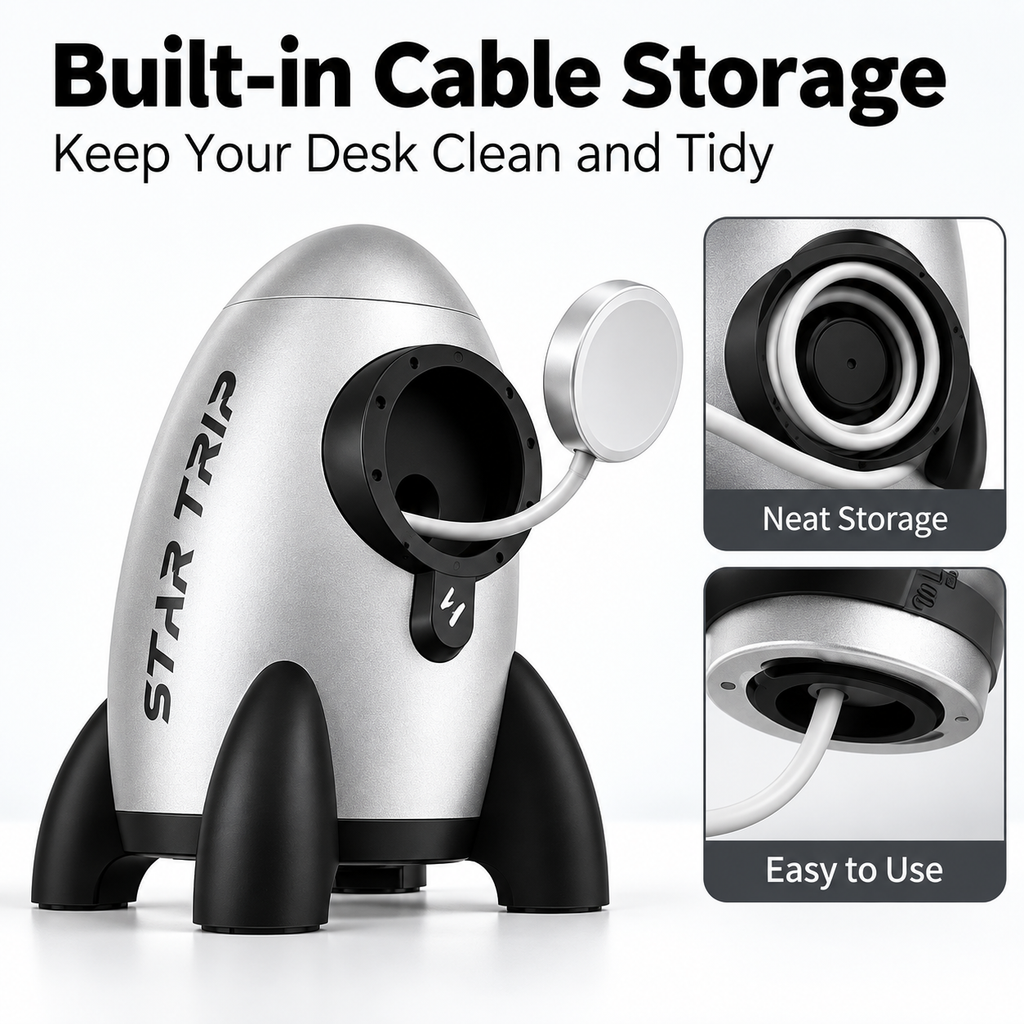 G-OUSSVE Rocket-Shaped Apple Watch Charging Stand with Cable Storage, Aluminum Alloy Desktop Dock