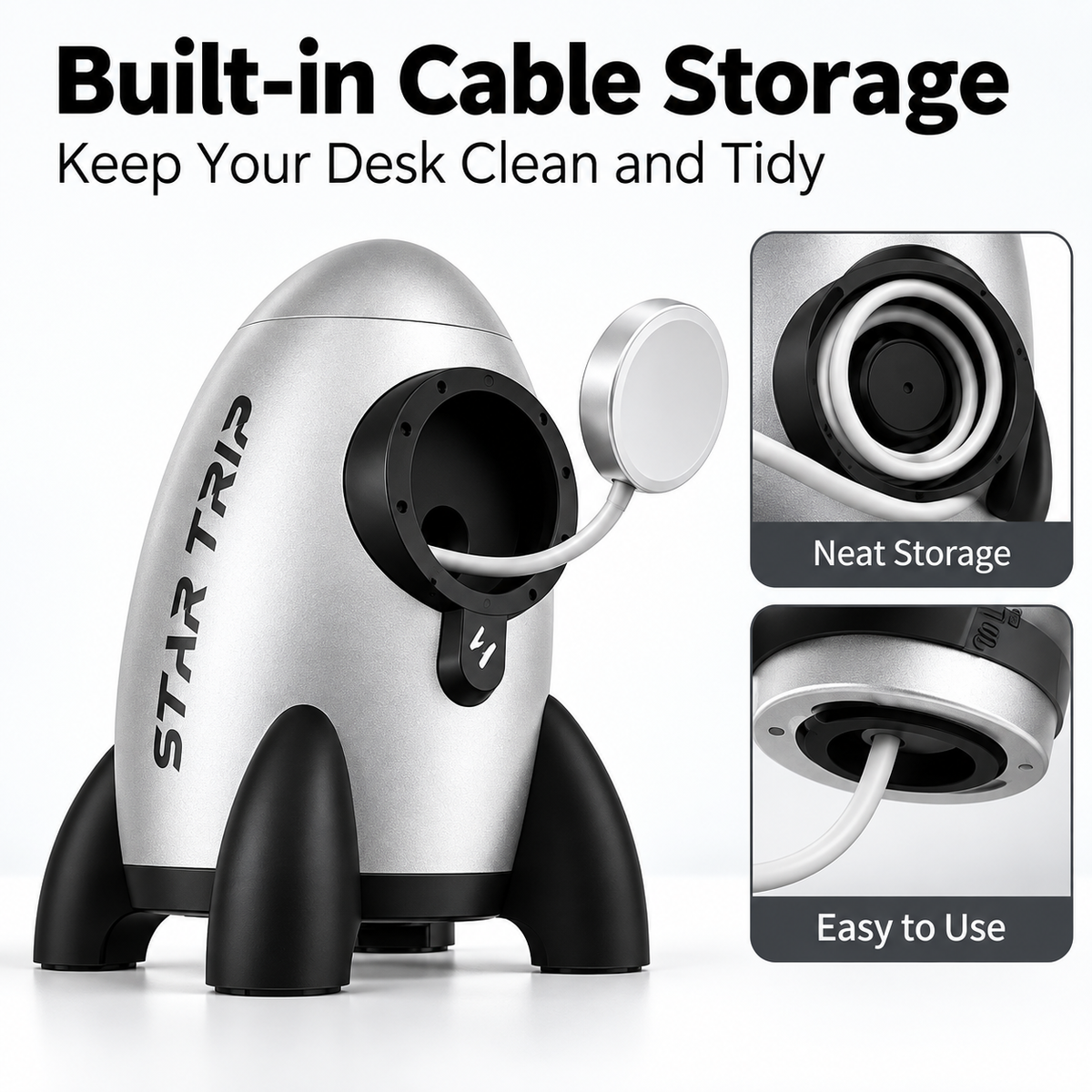 G-OUSSVE Rocket-Shaped Apple Watch Charging Stand with Cable Storage, Aluminum Alloy Desktop Dock