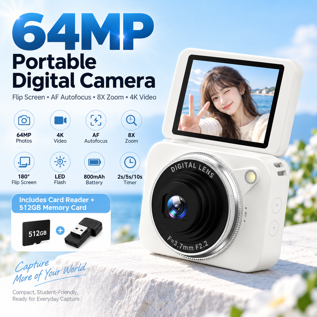G-OUSSVE 64MP Flip Screen Digital Camera with 512GB Memory Card, 4K Video, Autofocus & Beauty Filters