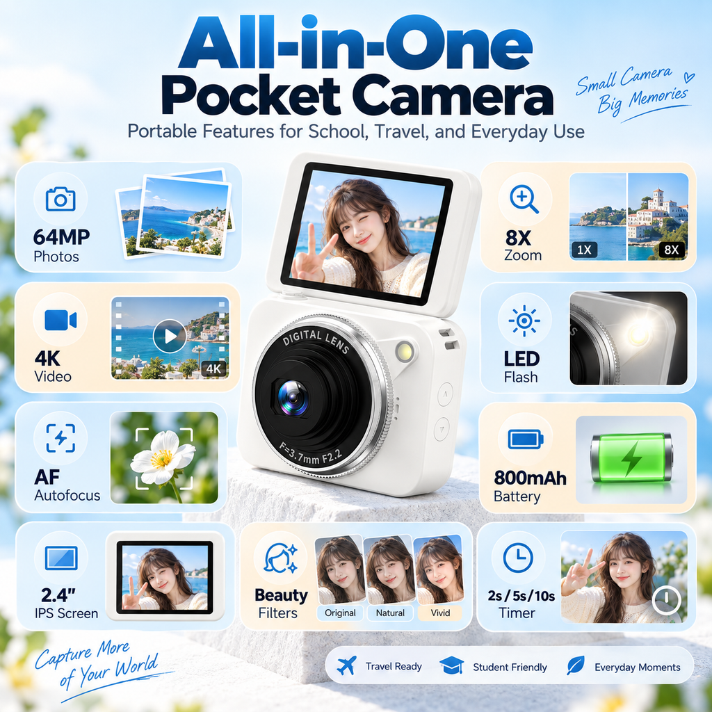 G-OUSSVE 64MP Flip Screen Digital Camera with 512GB Memory Card, 4K Video, Autofocus & Beauty Filters