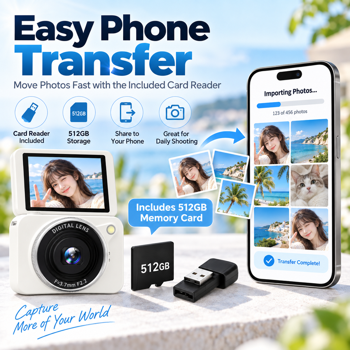 G-OUSSVE 64MP Flip Screen Digital Camera with 512GB Memory Card, 4K Video, Autofocus & Beauty Filters